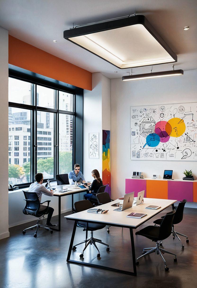 A sleek, modern workspace showcasing a diverse team brainstorming innovative logo designs, with colorful sketches and digital tablets scattered on a bright, minimalist table. Include a variety of logos on walls, symbolizing different branding strategies, and a large window letting in natural light. Capture a sense of creativity and collaboration in a futuristic office setting. vibrant colors. super-realistic.